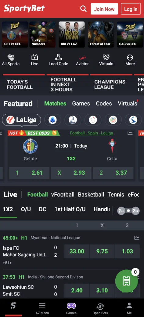 SportyBet Ghana mobile homepage showing LaLiga featured matches, live football odds and navigation entries for Aviator, Virtuals and Games
