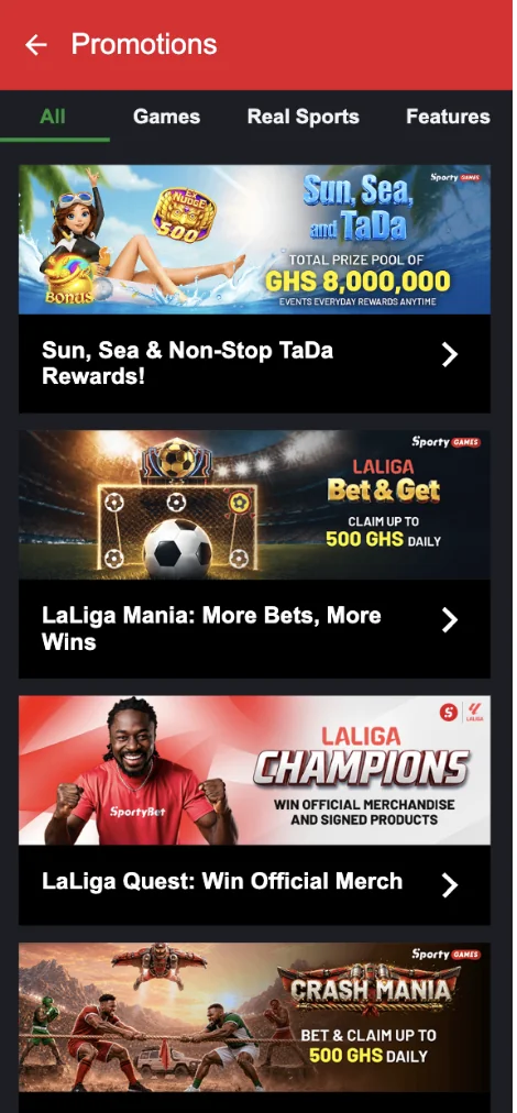 SportyBet Ghana promotions page listing cedi denominated offers including an 8,000,000 GHS prize pool event and daily LaLiga and Crash Mania rewards of up to 500 GHS