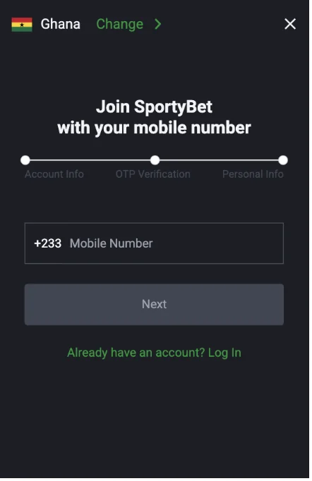 SportyBet Ghana registration form requiring a +233 Ghanaian mobile number, with OTP verification and personal information shown as the remaining steps