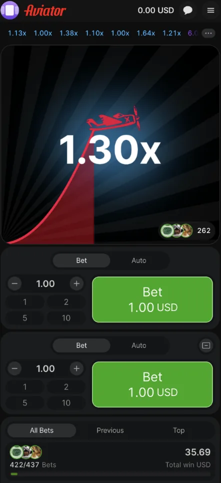 Aviator running at 1.30x on Chipstars with two bet panels set to 1.00 USD and a live round showing 422 of 437 bets placed