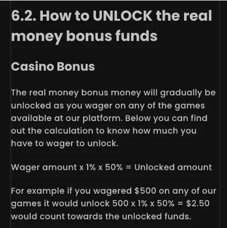 Chipstars help page showing the casino bonus unlock formula, wager amount multiplied by one percent and then by fifty percent, with 500 dollars wagered releasing 2.50 dollars