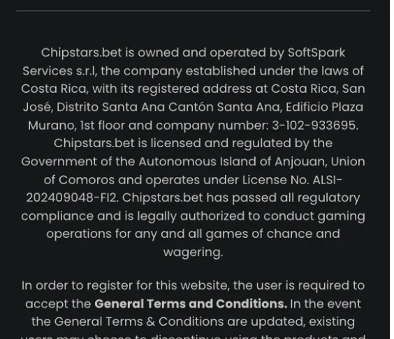 Chipstars.bet footer stating the site is owned by SoftSpark Services s.r.l. of San Jose, Costa Rica, company number 3-102-933695, licensed by Anjouan under licence ALSI-202409048-FI2