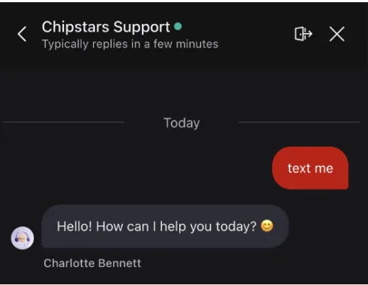 Chipstars live chat where an agent named Charlotte Bennett replies immediately under a header saying support typically replies in a few minutes