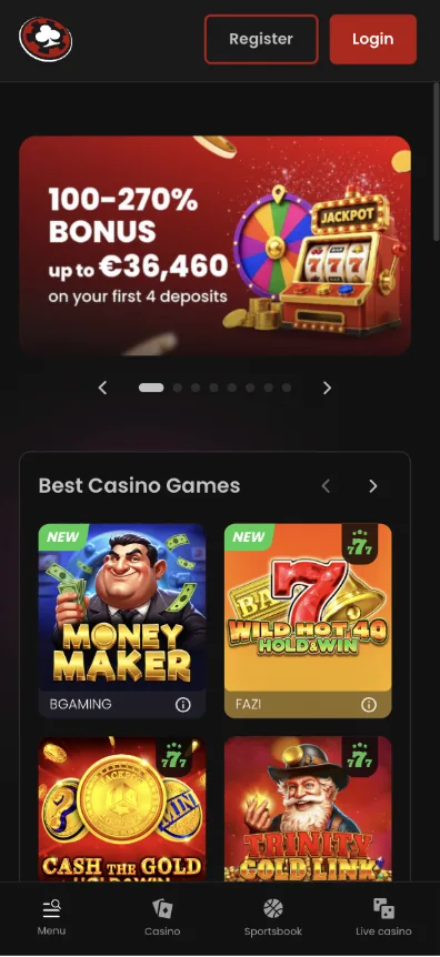 Chipstars mobile homepage with a 100 to 270 percent welcome bonus banner up to 36,460 euro and a Best Casino Games row
