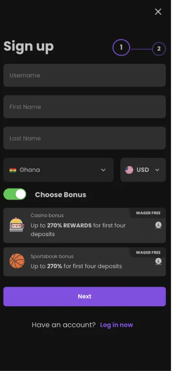 Chipstars sign-up form with Ghana selected as the country and USD as the account currency, offering casino and sportsbook bonuses both labelled wager free