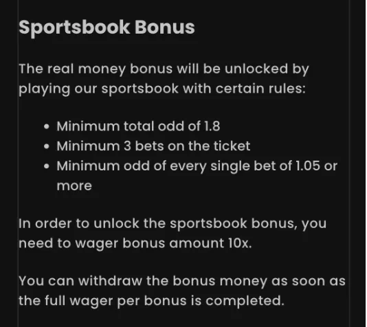 Chipstars sportsbook bonus rules requiring a minimum total odd of 1.8, at least three bets per ticket and ten times wagering of the bonus amount
